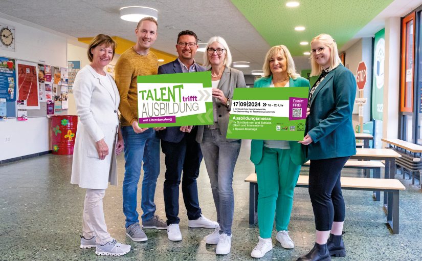 Sie freuen sich auf die Berufsorientierungsmesse „Talent trifft Ausbildung“ (von links): Elke Bolz und Dominik Hackmann (Berufsorientierungsbeauf-tragte der Realschule), Barbara Stahl (Schulleiterin der Realschule Georgsmarienhütte), Lars Hellmers (Vorstand der MaßArbeit), Dagmar Bahlo (Bürgermeisterin der Stadt Georgsmarienhütte), sowie Theresa Brune (Wirtschaftsförderung Georgsmarienhütte. Es fehlt Annika Schütte von der Servicestelle Schule-Wirtschaft. (Foto: MaßArbeit / Miriam Loeskow-Bücker)