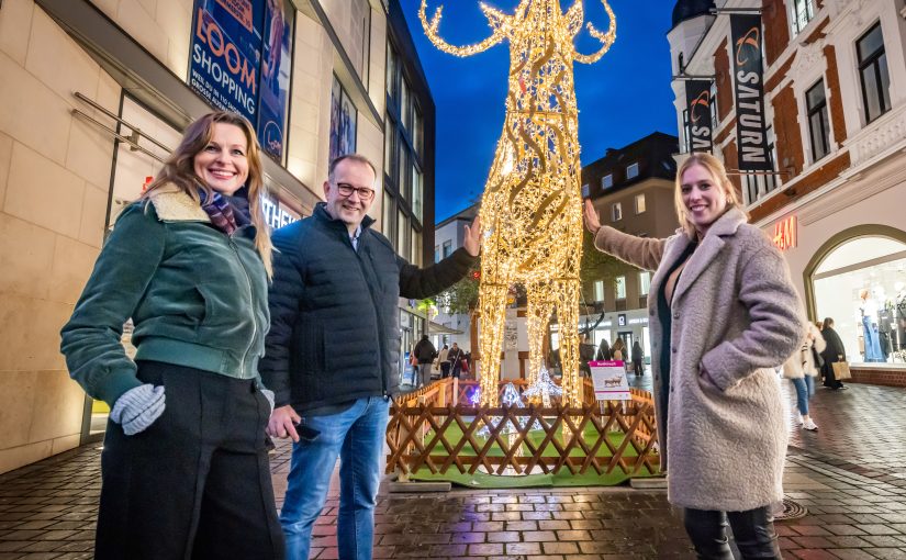 Birgit Schroers, Martin Knabenreich und Julia Lehmann (v. l.) von Bielefeld Marketing präsentieren das Lichtprojekt „Von hier wech“ am leuchtenden Hirsch an der Bahnhofstraße. (Foto: Bielefeld Marketing | Sarah Jonek)